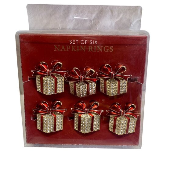 Bedazzled Gift Box Napkin Rings With Red & Gold Bow Design - Picture 1 of 3